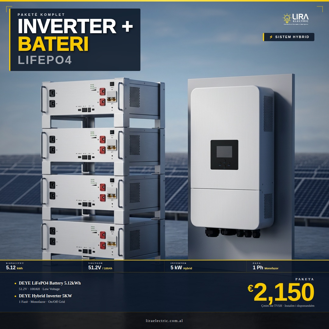 Paketë DEYE LiFePO4 5.12kWh + Inverter Hybrid 5kW — bateri litium LiFePO4 DEYE për sistem fotovoltaik Shqipëri