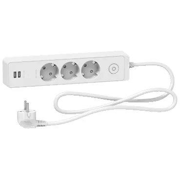 Zgjatues 3 shuko 16A + 2 USB 2.4A (çelës, kordon 1.5m) e bardhë – Schneider SHST943U1W
