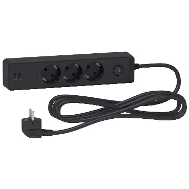 Zgjatues 3 shuko 16A + 2 USB 2.4A (çelës, kordon 3m) e zezë – Schneider SHST943U3B