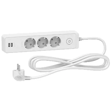Zgjatues 3 shuko 16A + 2 USB 2.4A (çelës, kordon 3m) e bardhë – Schneider SHST943U3W